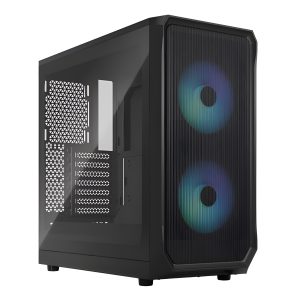 CAA-FRFO2CTGRGB_1 Fractal Design Focus 2 RGB (Black TG) Gaming Case w/ Clear Glass Window, ATX, 2 RGB Fans, RGB controller, Mesh Front, Innovative Shroud System